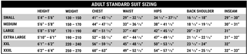 adult standard suit sizing